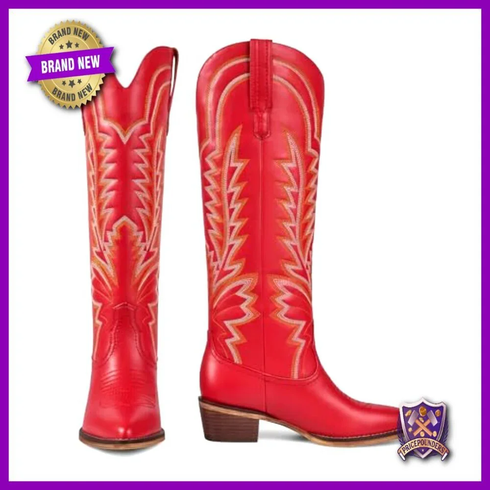Knee High Cowboy Boots Embroidered Pointed Toe Chunky Heel Pull On Retro Western